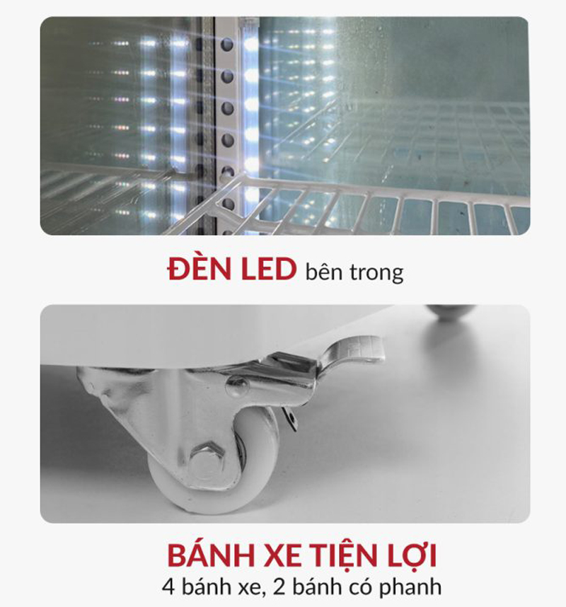 Có bánh xe thuận tiện cho việc di chuyển, đèn LED chiếu sáng bên trong