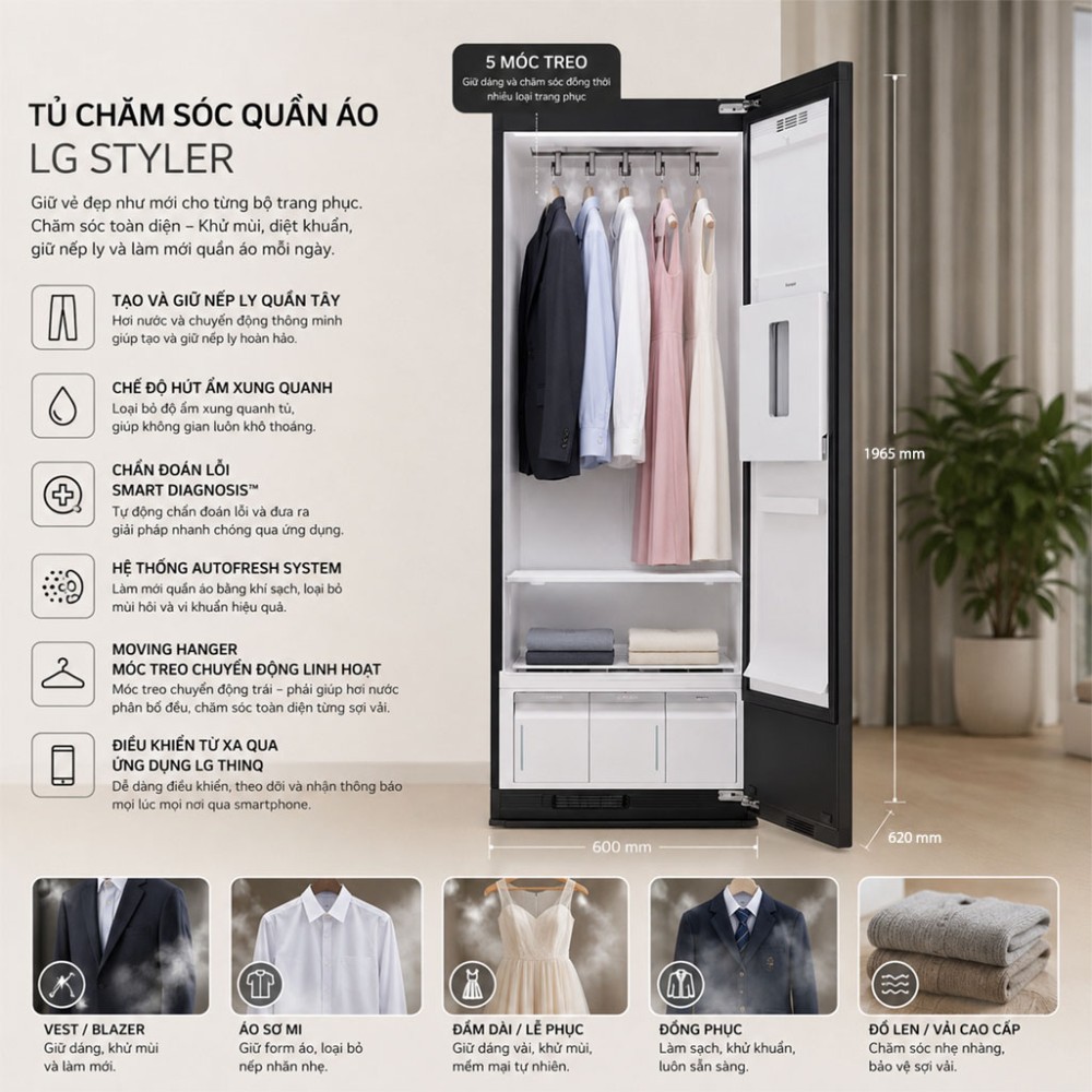 Tủ chăm sóc quần áo thông minh LG Styler Inverter 5 móc SC5MNR4G.ABMPEVN - Hàng chính hãng