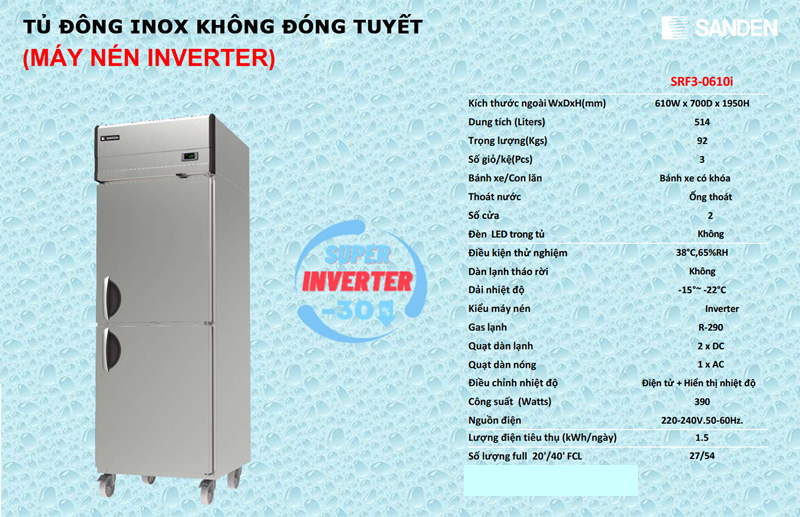 Tủ đông Inox inverter Sanden SRF3-0610I - Hàng chính hãng