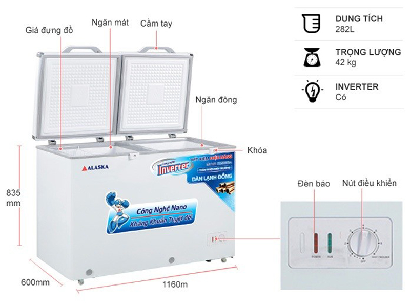 Tủ có dung tích 282L, phù hợp cho cửa hàng tạp hóa, siêu thị vưa và nhỏ