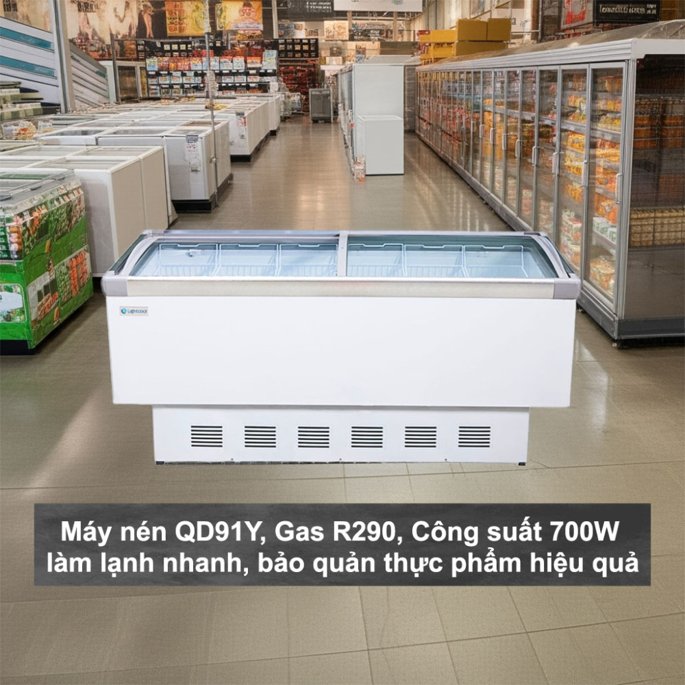 Tủ đông đảo mặt kính phẳng Lightcool SD-798 598L có động cơ bền bỉ, công suất mạnh mẽ, hiệu suất làm lạnh nhanh