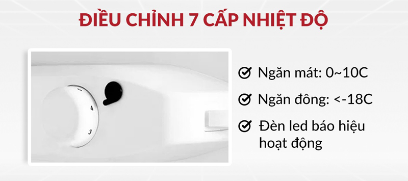 Núm vặn điều khiển bên tron tủ với 7 cấp độ nhiệt