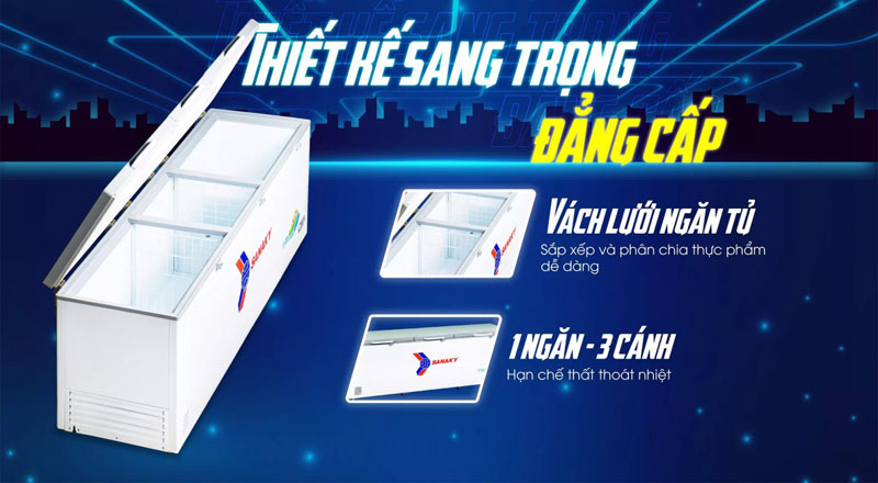 Thiết kế 1 ngăn đông rộng rãi với 3 nắp mở kiểu vali dễ sử dụng