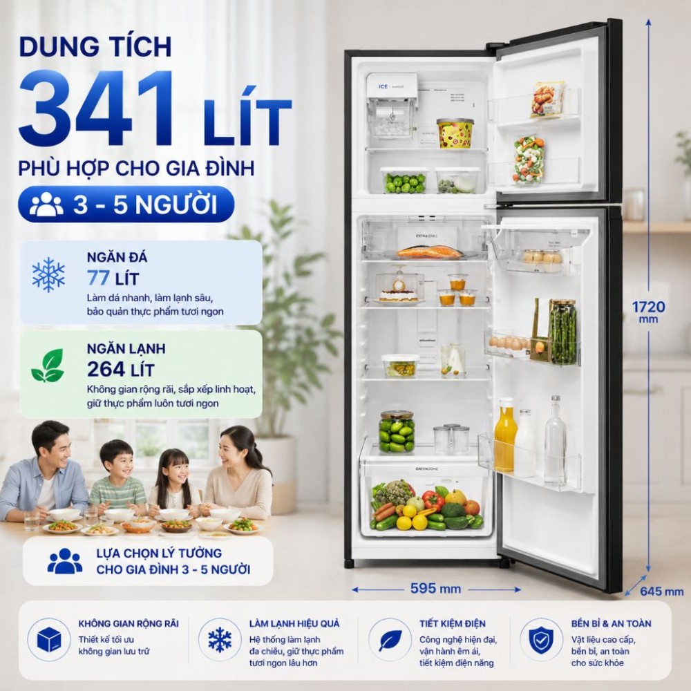 Tủ lạnh Electrolux Inverter 341 lít ETB3460L-B - Hàng chính hãng