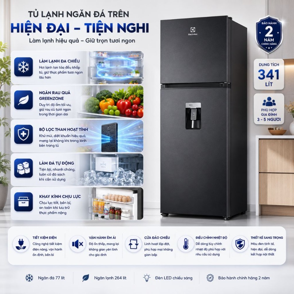 Tủ lạnh Electrolux Inverter 341 lít ETB3460L-B - Hàng chính hãng