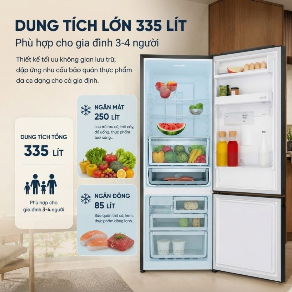 Tủ lạnh ngăn đá dưới Electrolux Inverter 335 lít EBB3462L-B - Hàng chính hãng