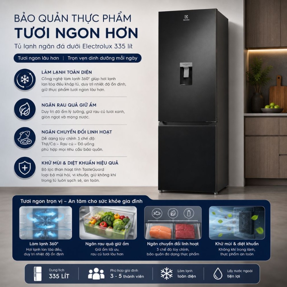 Tủ lạnh Electrolux 335 lít EBM3442L-B - Hàng chính hãng