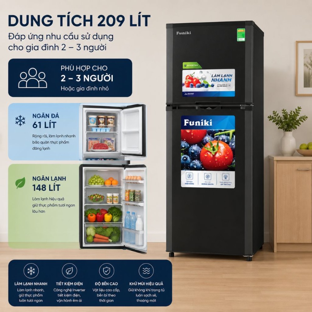 Tủ lạnh Funiki Inverter HR T8209TDG - Hàng chính hãng