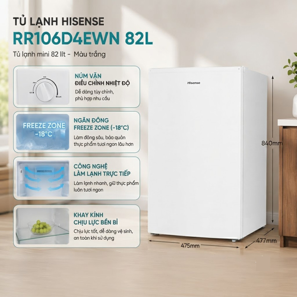 Tủ lạnh Hisense 82 lít RR106D4EWN - Hàng chính hãng
