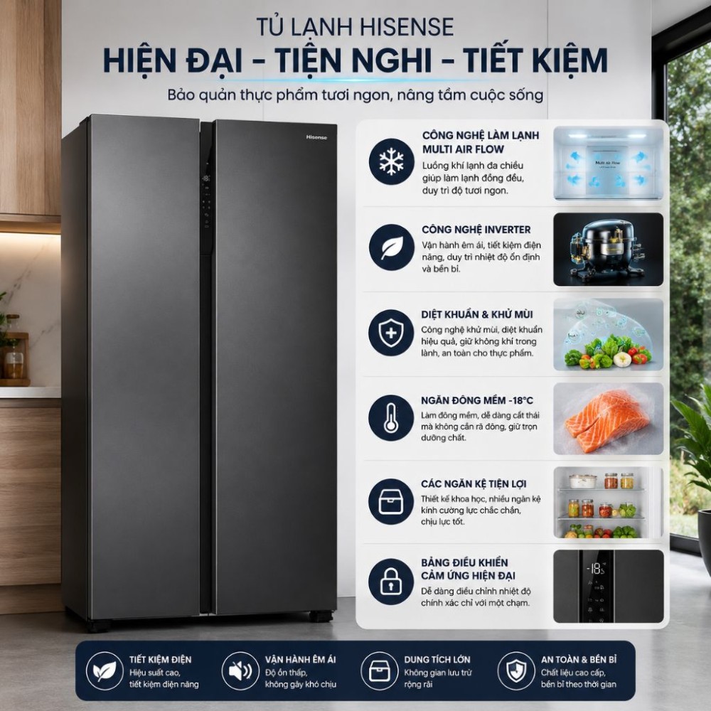 Tủ lạnh Hisense inverter 544 lít RS708N4EBN - Hàng chính hãng