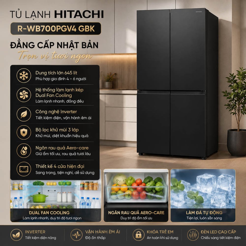 Tủ lạnh Hitachi Inverter 645 lít Multi Door R-WB700PGV4 GBK - Hàng chính hãng