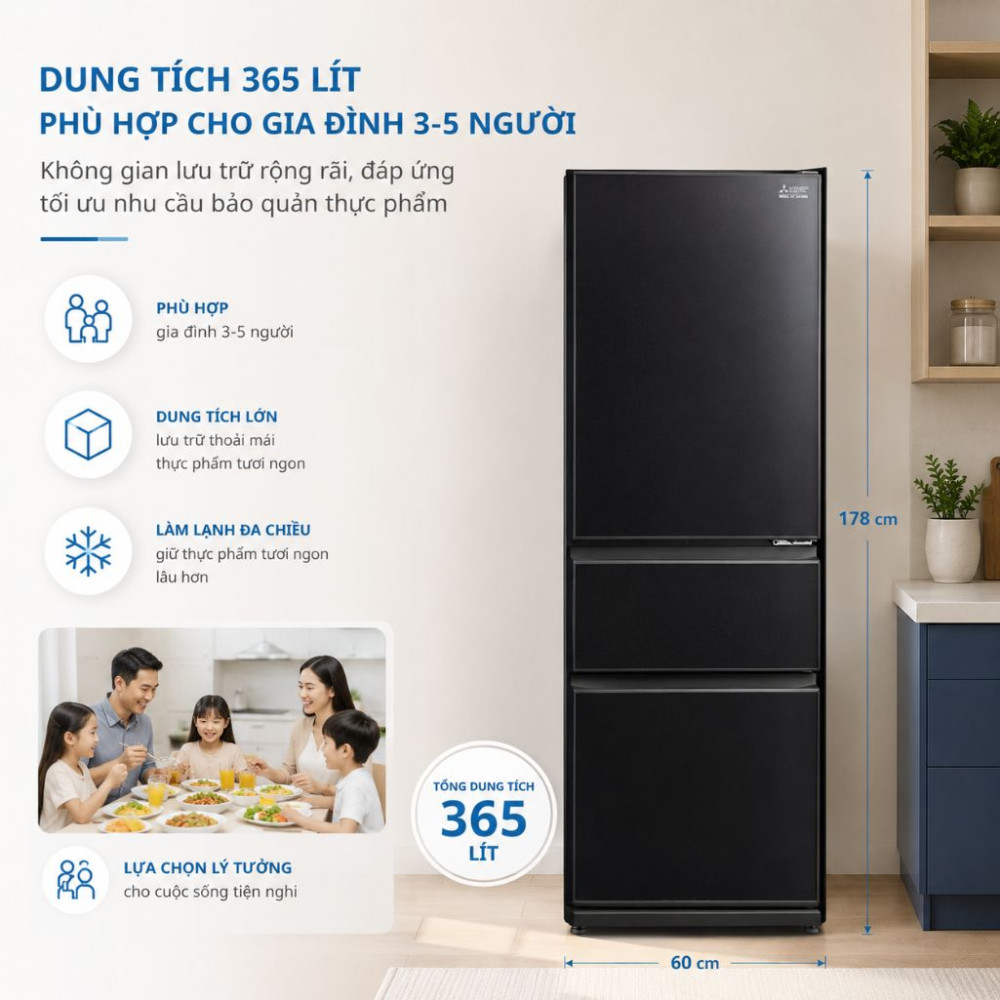Tủ lạnh Mitsubishi Electric Inverter 365 lít CGX46EN(GBK) - Hàng chính hãng
