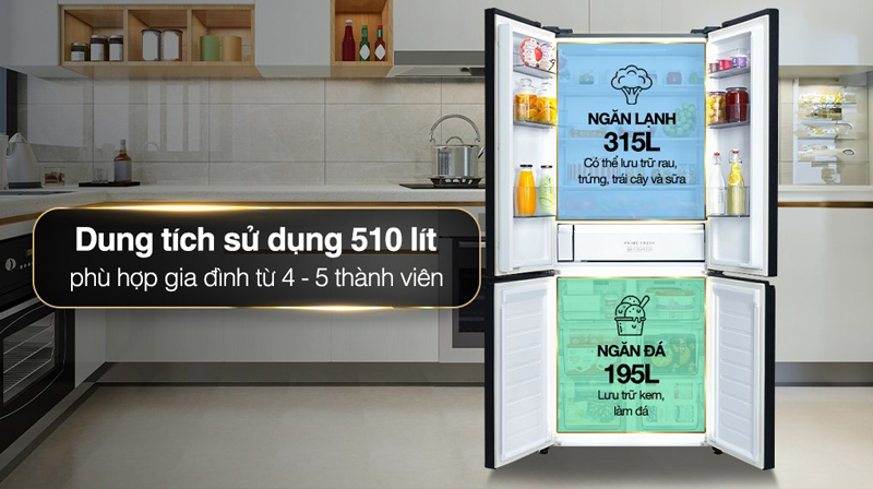 Dung tích 510 lít, thích hợp cho gia đình 4-5 người.