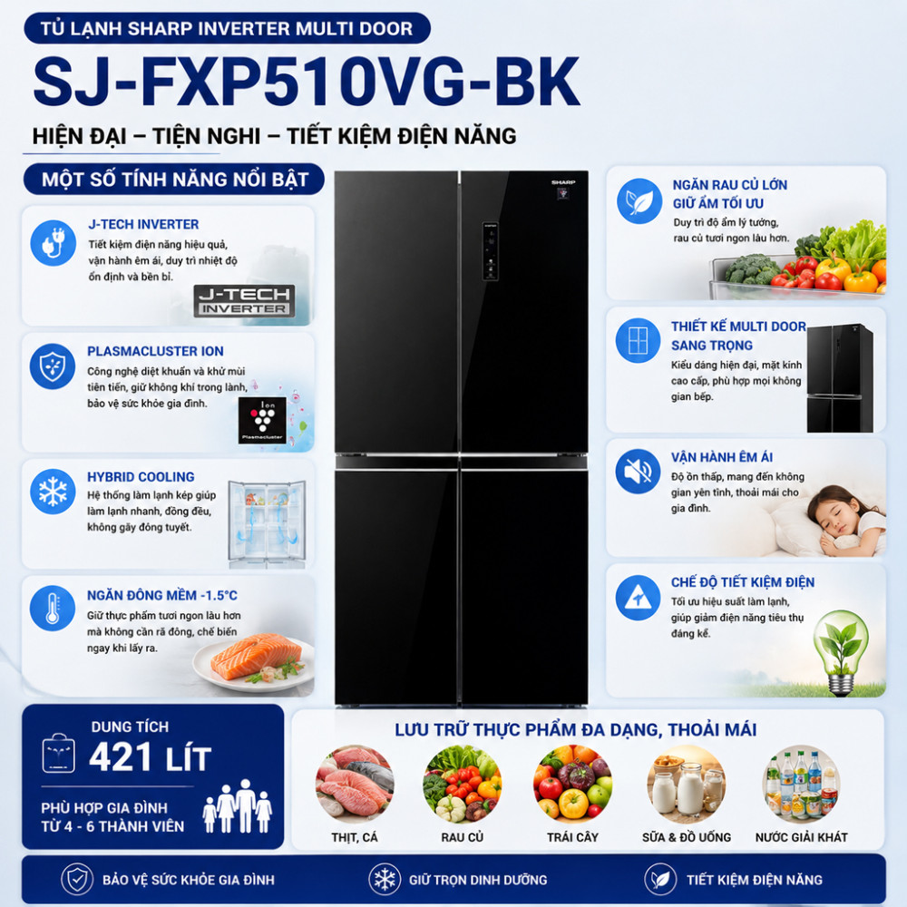 Tủ lạnh Sharp Inverter Multi Door 421 lít SJ-FXP510VG-BK NEW - Hàng chính hãng