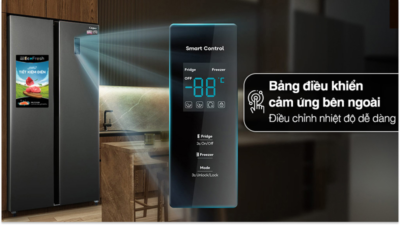 Bảng điều khiển cảm ứng nằm phía ngoài tủ lạnh, có màn hình LED hiển thị thông số