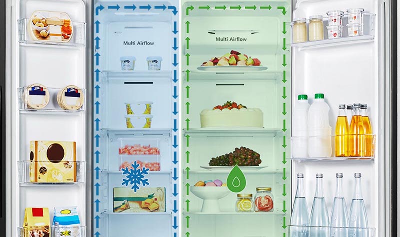 Công nghệ làm lạnh đa chiều kết hợp với 2 dàn lạnh độc lập giúp hơi lạnh tỏa đều khắp tủ