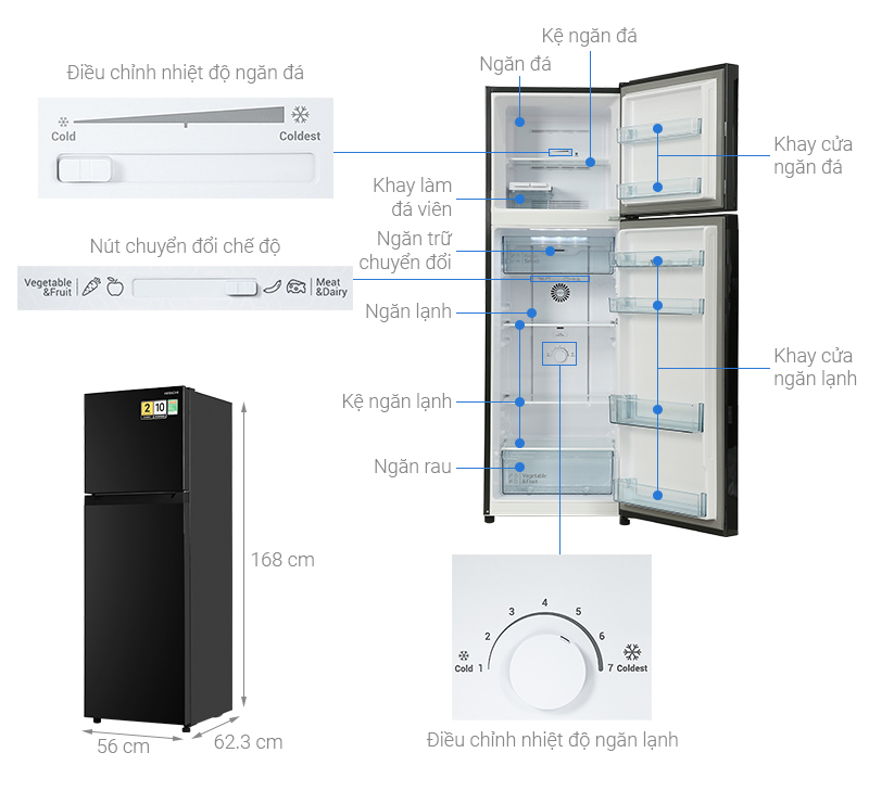 Bên trong tủ lạnh Hitachi inverter 260 lít HRTN5275MFUVN