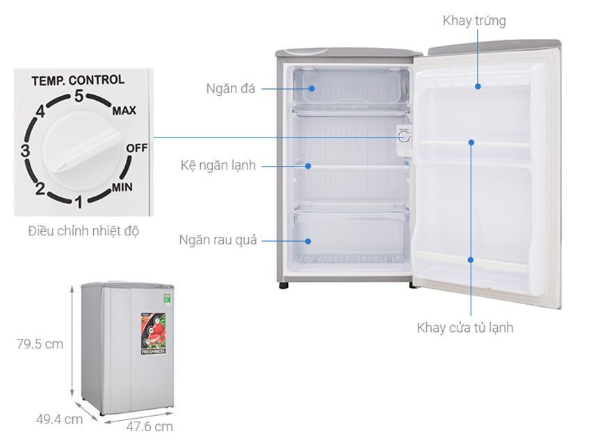 Tủ lạnh Aqua 90 lít AQR-95ER (SS) với điều khiển nhiệt độ bằng núm xoay