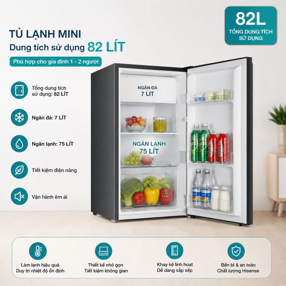 Tủ lạnh mini Hisense 82 lít RR106D4EBN - Hàng chính hãng