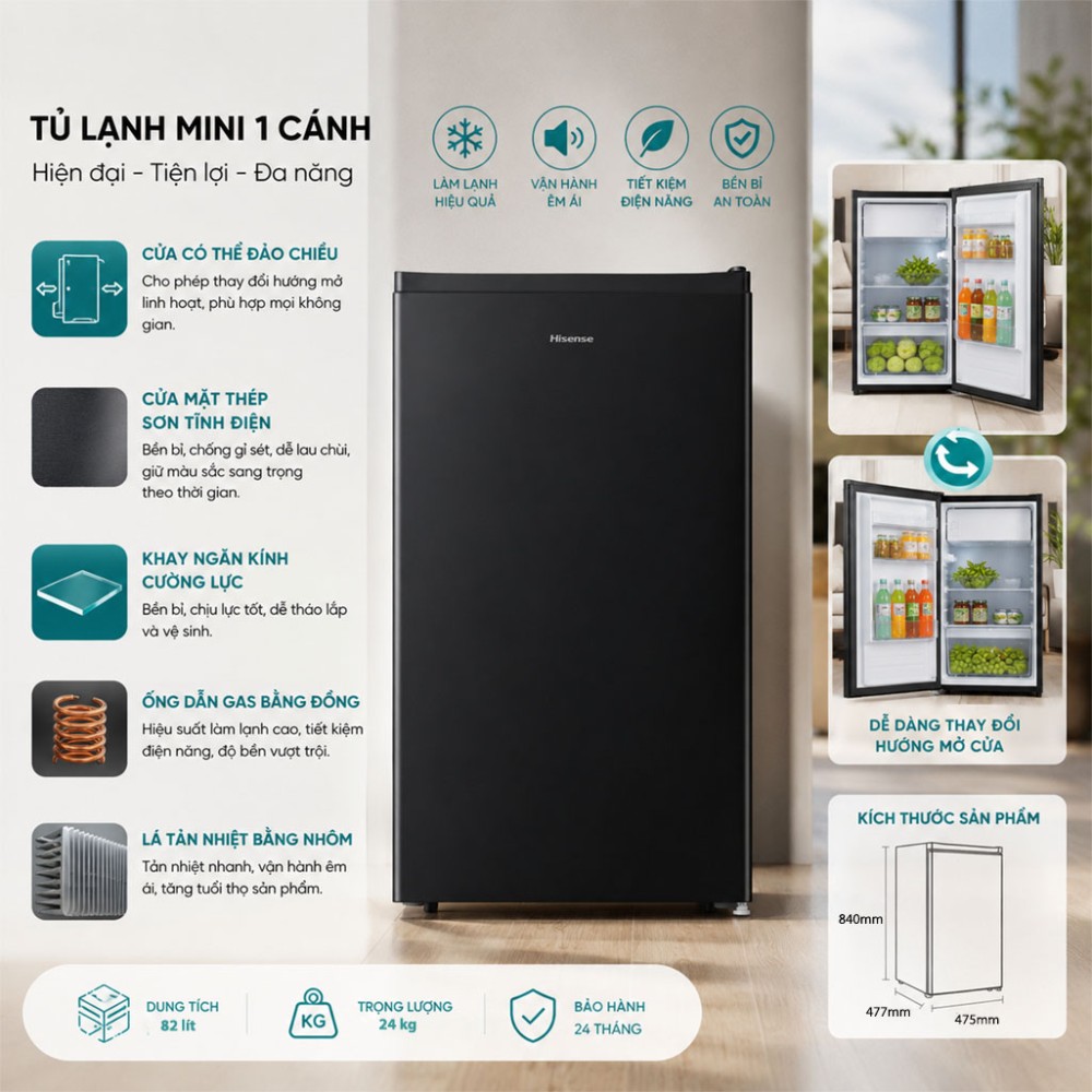 Tủ lạnh mini Hisense 82 lít RR106D4EBN - Hàng chính hãng
