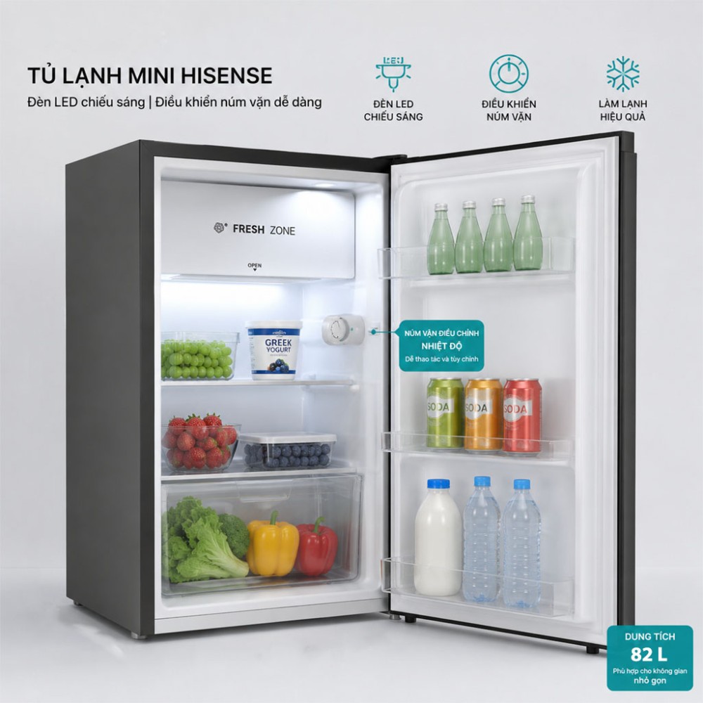 Tủ lạnh mini Hisense 82 lít RR106D4EBN - Hàng chính hãng