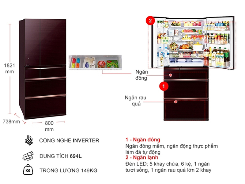 Kích thước của tủ lạnh Mitsubishi Electric Inverter MR-WX70C-BR-V