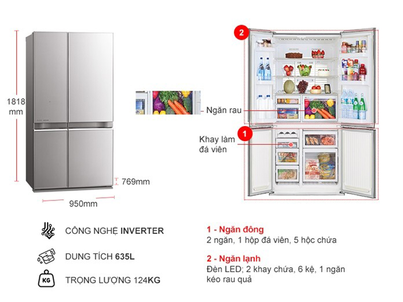 Kích thước của tủ lạnh Mitsubishi Electric Inverter 635 lít MR-LA78ER-GSL