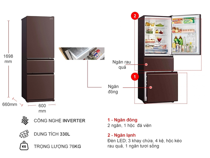 Kích thước của tủ lạnh Mitsubishi Inverter 330 lít MR-CGX41EN-GBR-V