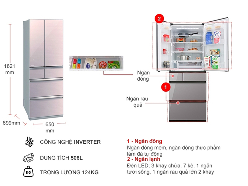 Kích thước của tủ lạnh Mitsubishi Electric Inverter 506 lít MR-WX52D
