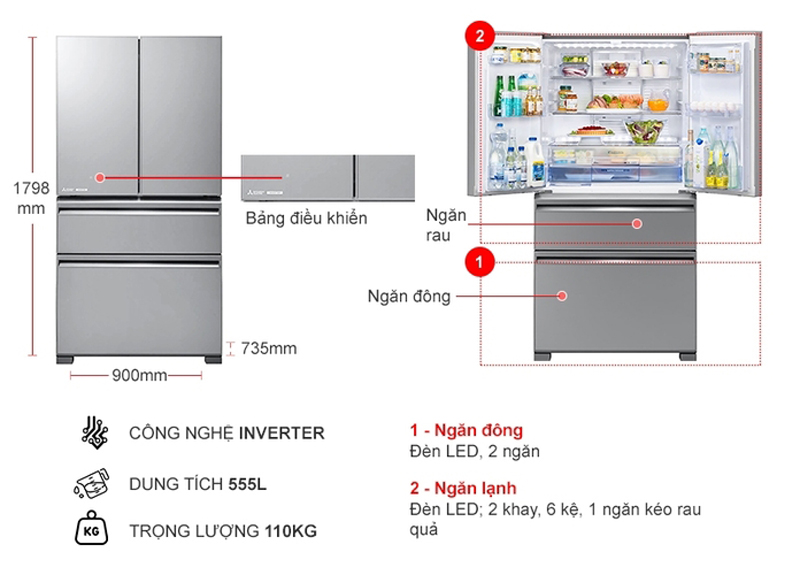 Kích thước của tủ lạnh Mitsubishi Electric Inverter 555 lít MR-LX68EM-GSL