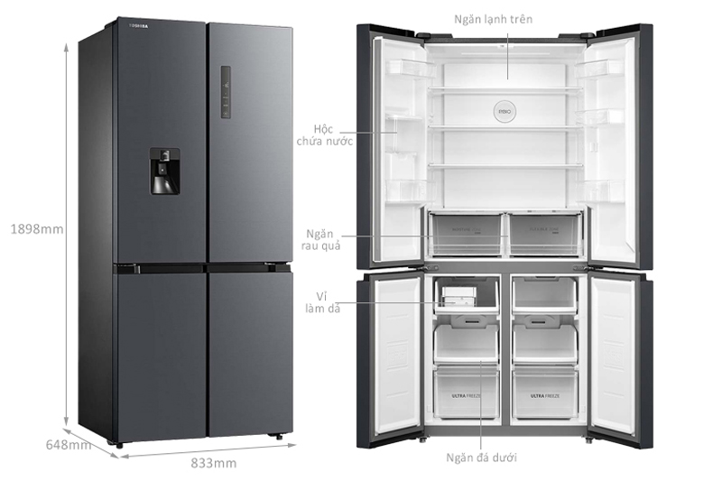 Thiết kế dạng tủ lạnh Multi doors với nhiều ngăn, khay, kệ, hộc chứa giúp tối ưu hóa không gian lưu trữ thực phẩm