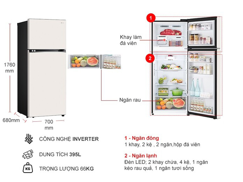 Kích thước của tủ lạnh LG 395 lít GN-B92BG 