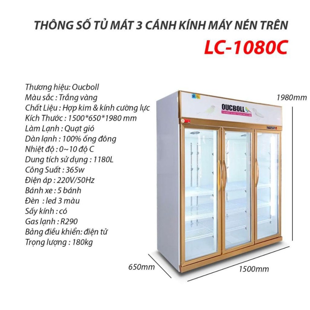 Tủ mát trưng bày 3 cánh kính Oucboll LG-1080C - Hàng chính hãng