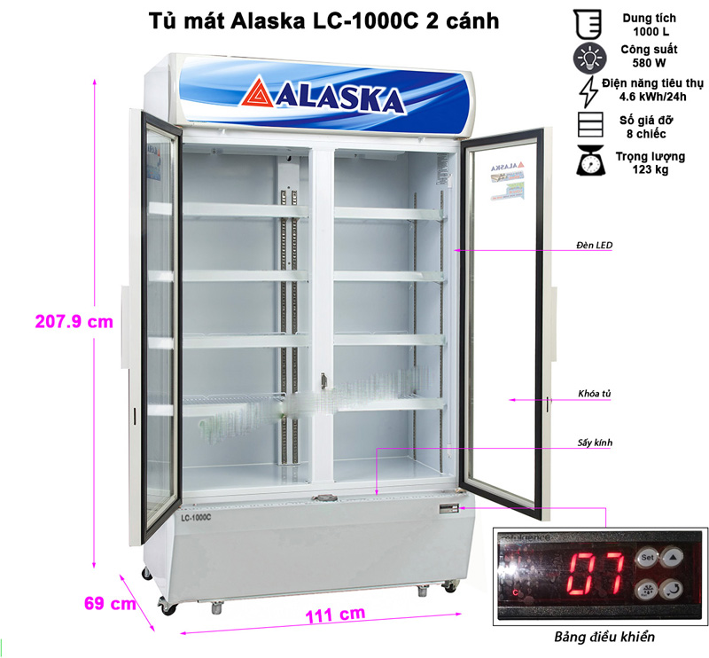 Thông số kỹ thuật của tủ mát 2 cánh kính Alaska LC-1000C 