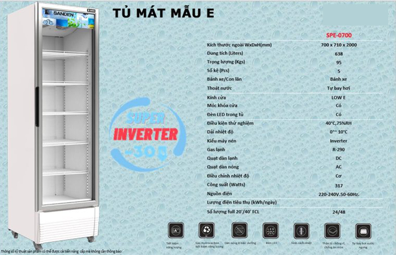 Thông số kỹ thuật của tủ mát Sanden inverter SPE-0700 