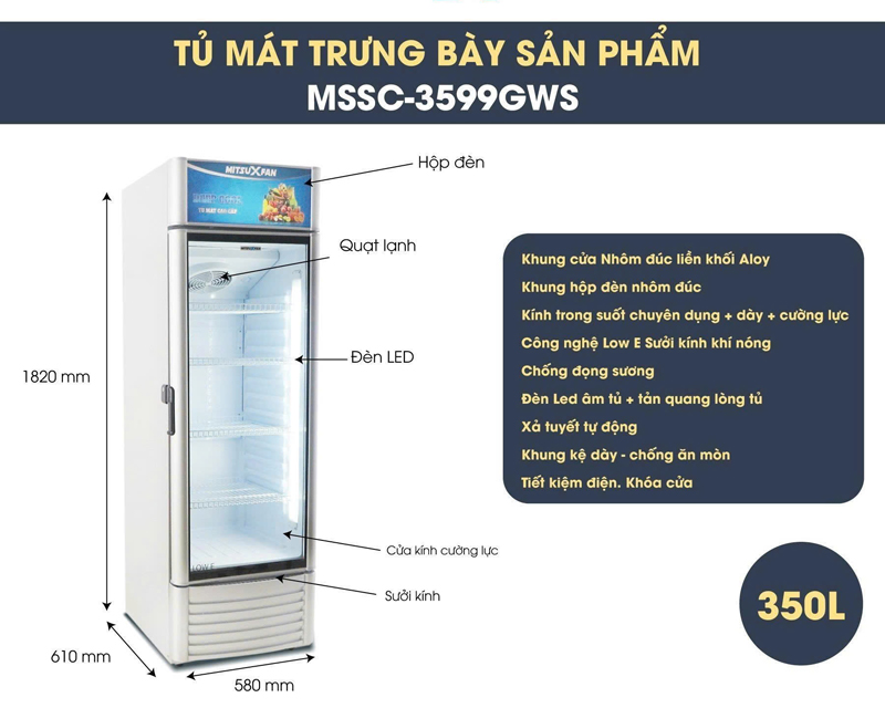 Kích thước của tủ mát trưng bày MitsuXfan MSSC-3599GWS