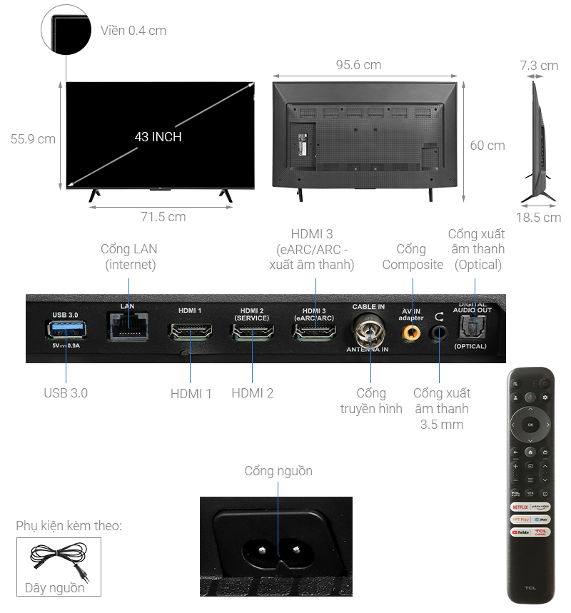 Kích thước của tivi QLED TCL 4K 43 inch 43C69B