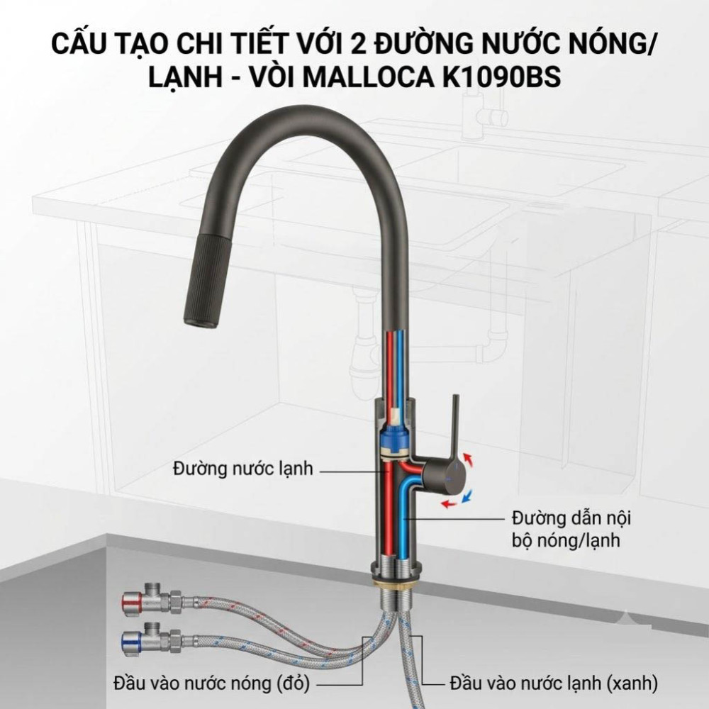 Vòi rửa bát nóng lạnh Malloca K1090BS - Hàng chính hãng
