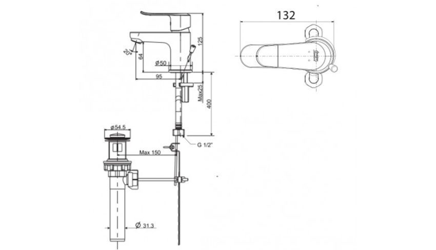 Bản vẽ kĩ thuật của vòi rửa mặt nóng lạnh American Standard WF-0701