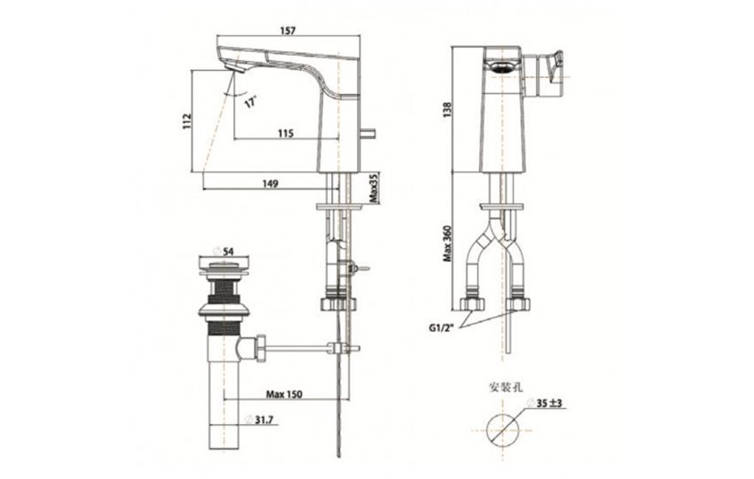 Bản vẽ kĩ thuật của vòi rửa mặt nóng lạnh American Standard WF-0801