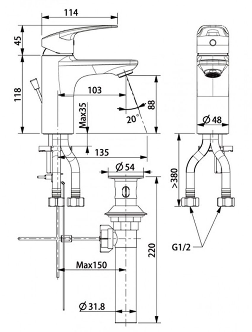 Bản vẽ kĩ thuật của vòi rửa mặt nóng lạnh American Standard WF-0901