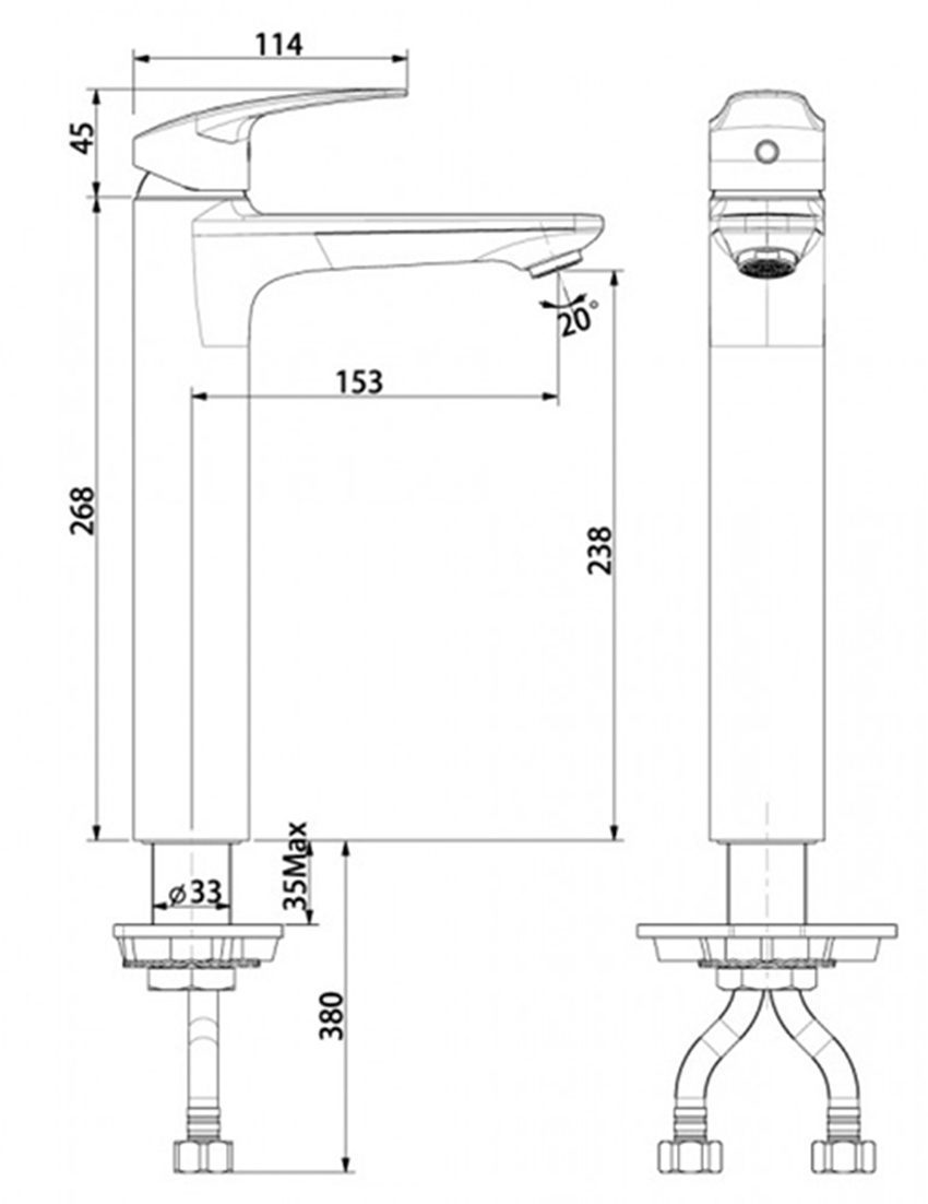 Bản vẽ kĩ thuật của vòi rửa mặt nóng lạnh American Standard WF-0902