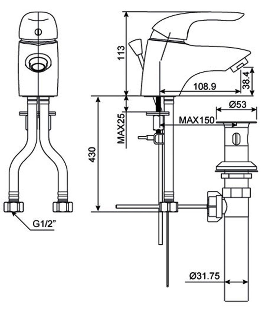Bản vẽ kĩ thuật của vòi rửa mặt nóng lạnh American Standard WF-1501