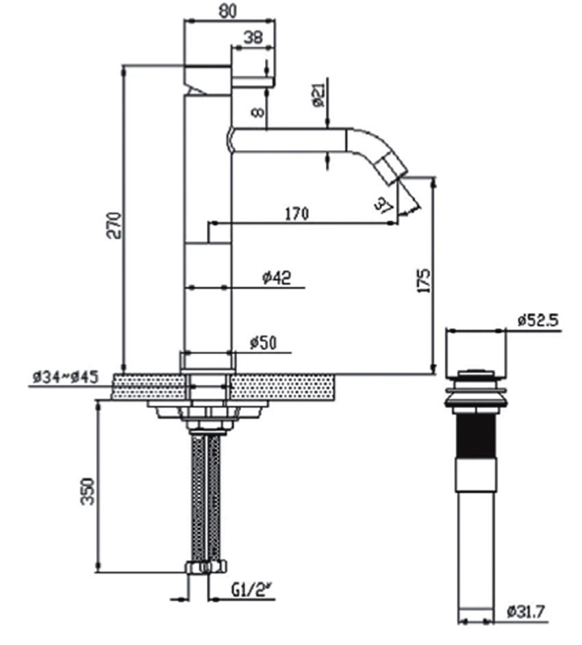 Bản vẽ kĩ thuật của vòi rửa mặt nóng lạnh American Standard WF-2602
