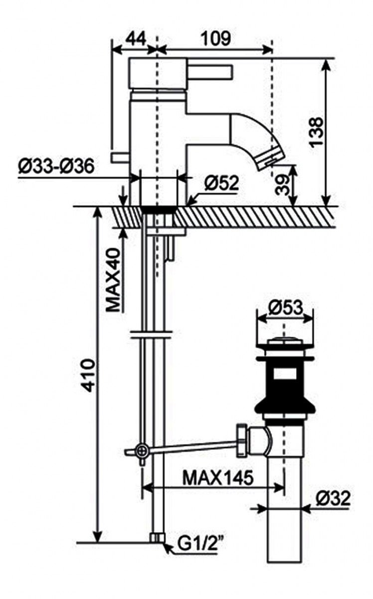 Bản vẽ kĩ thuật của vòi rửa mặt nóng lạnh American Standard WF-2801