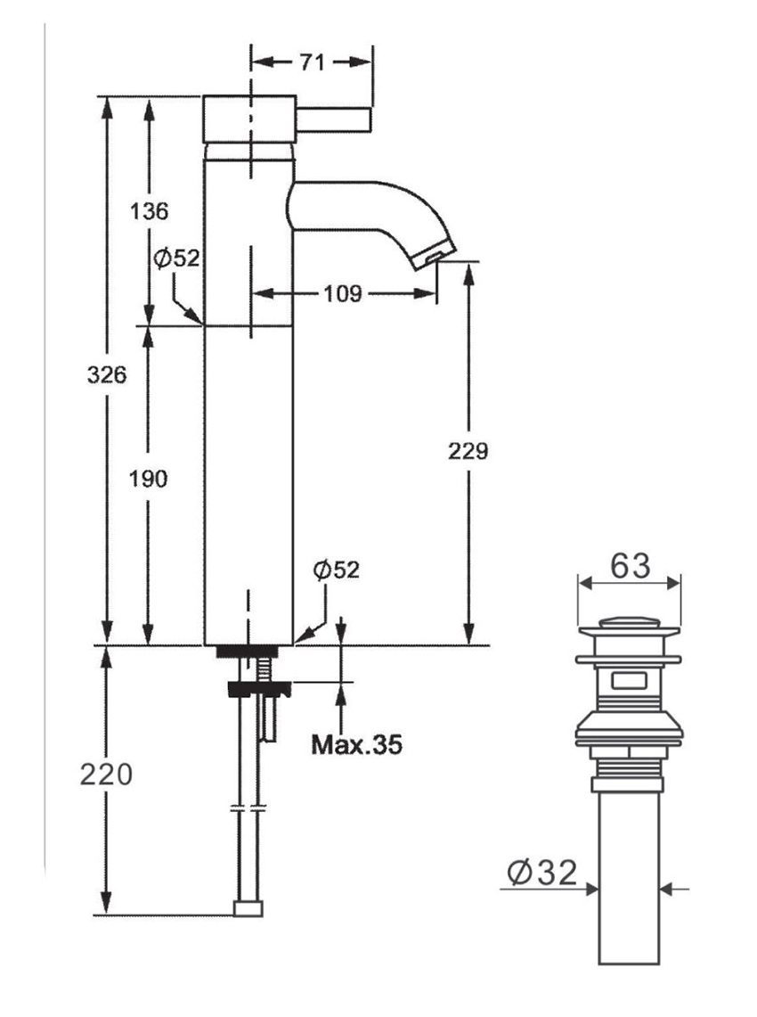 Bản vẽ kĩ thuật của vòi rửa mặt nóng lạnh American Standard WF-2802