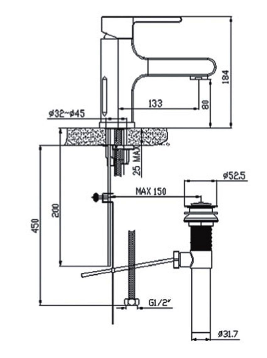 Bản vẽ kĩ thuật của vòi rửa mặt nóng lạnh American Standard WF-2901