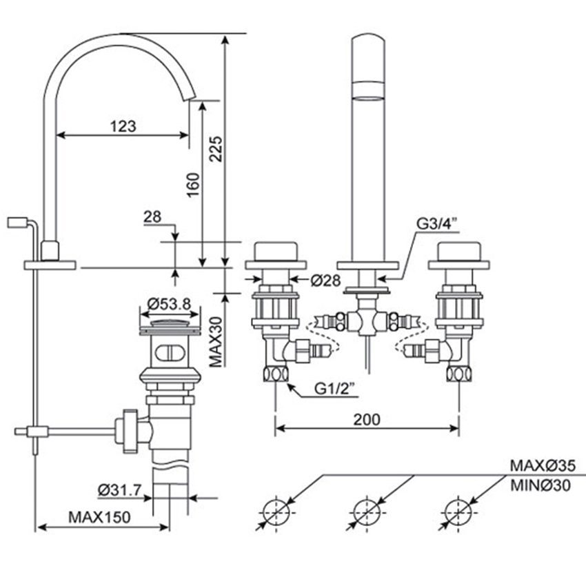 Bản vẽ kĩ thuật của vòi rửa mặt nóng lạnh American Standard WF-3231