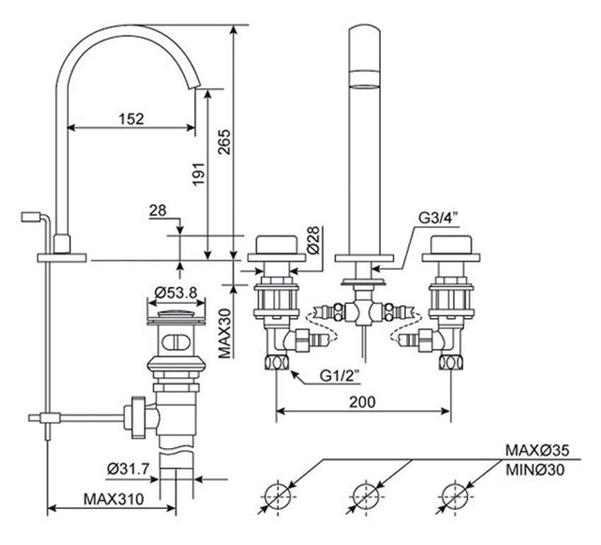Bản vẽ kĩ thuật của vòi rửa mặt nóng lạnh American Standard WF-3232