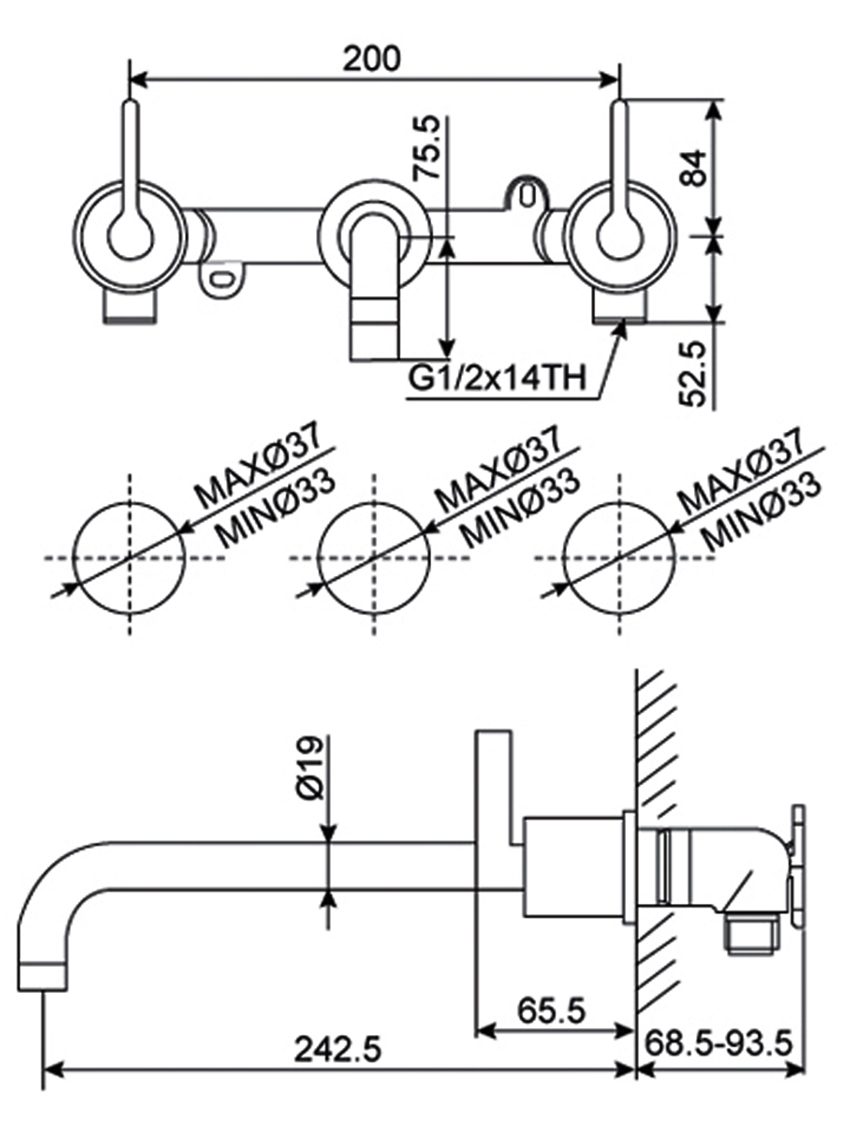 Bản vẽ kĩ thuật của vòi rửa mặt nóng lạnh American Standard WF-3305